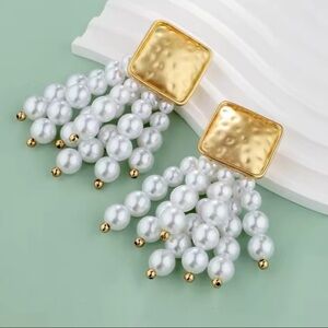Zara White Cascade Beaded Elegant Gold and White Pearl Drop Earrings